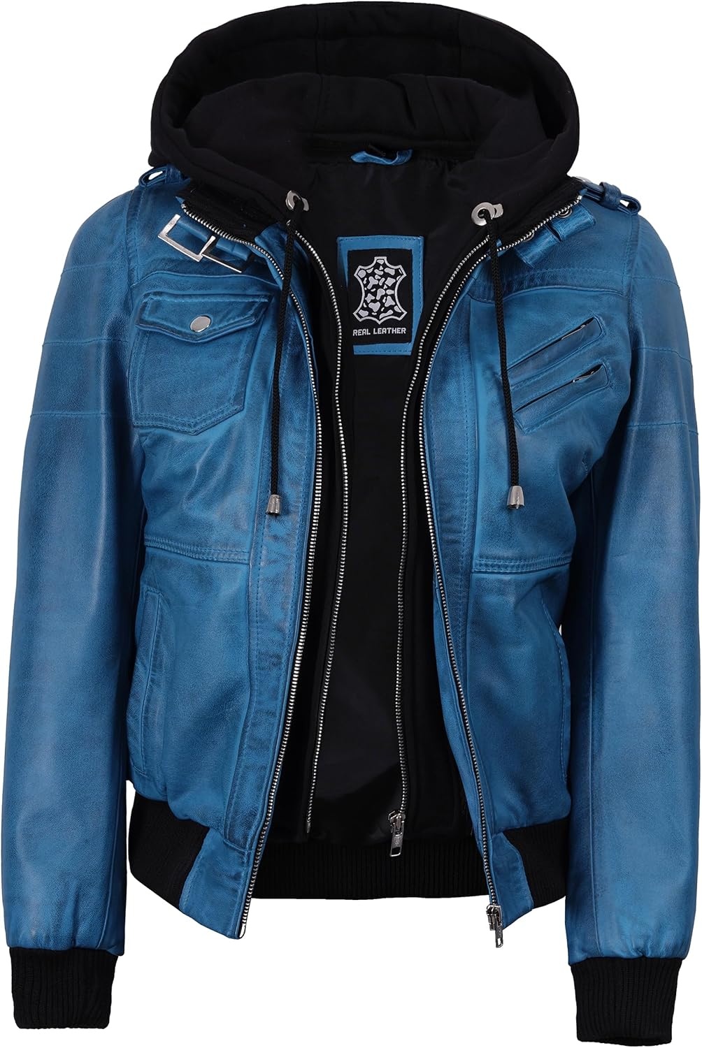image:imageBlingsoul Womens Hooded Leather Jacket Real Lambskin Bomber Leather Jacket Women With Detachable HoodVivid Blue
