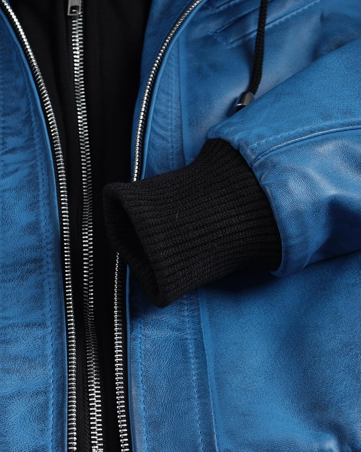 image:imageBlingsoul Womens Hooded Leather Jacket Real Lambskin Bomber Leather Jacket Women With Detachable HoodVivid Blue