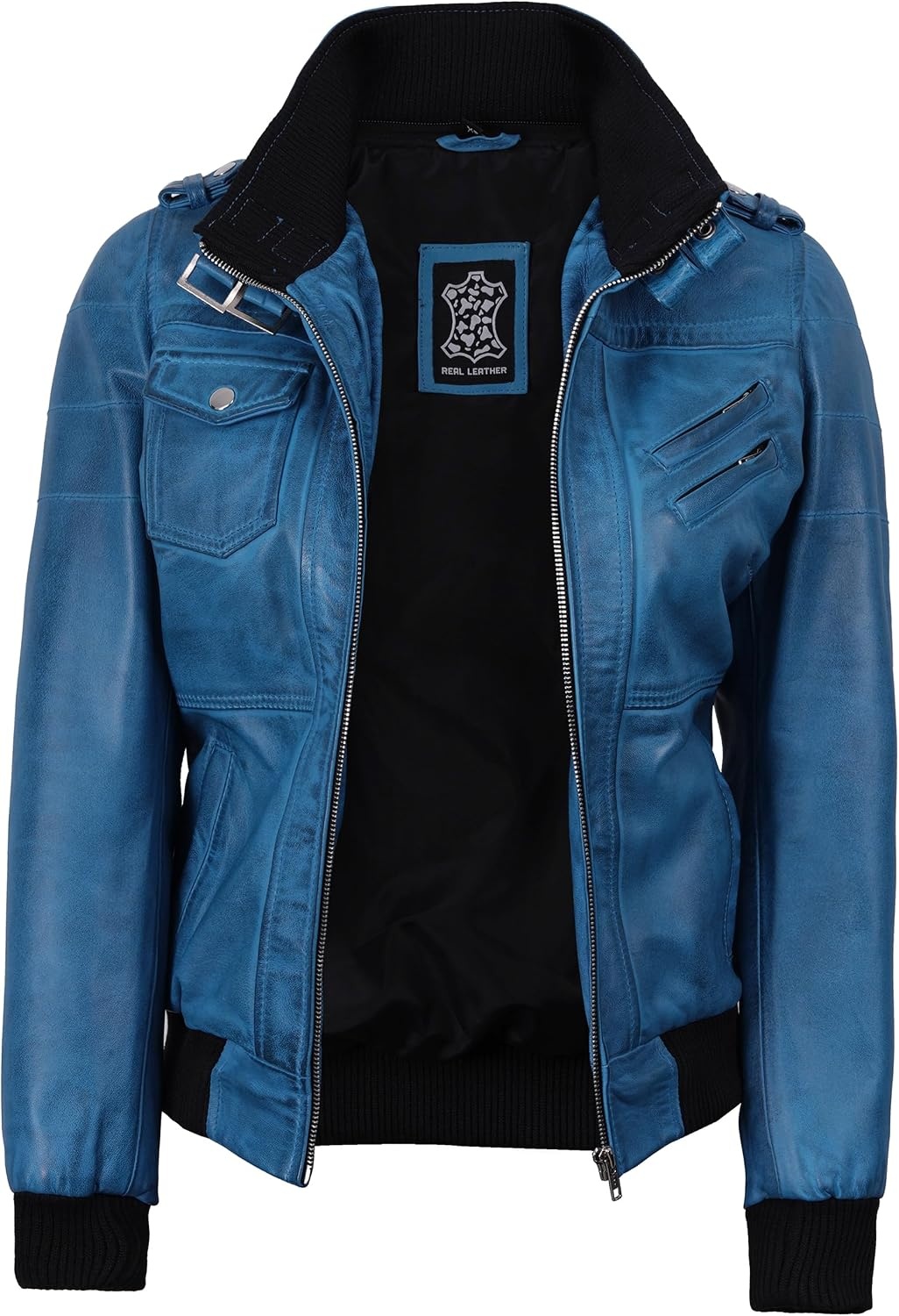 image:imageBlingsoul Womens Hooded Leather Jacket Real Lambskin Bomber Leather Jacket Women With Detachable HoodVivid Blue