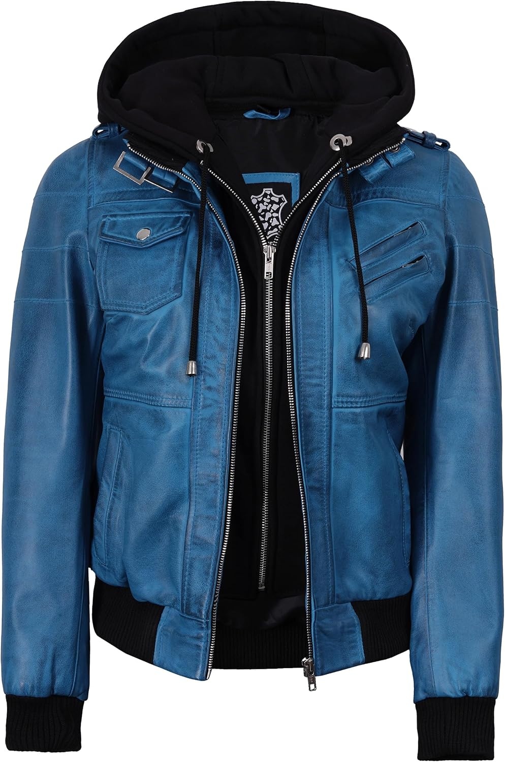 image:imageBlingsoul Womens Hooded Leather Jacket Real Lambskin Bomber Leather Jacket Women With Detachable HoodVivid Blue