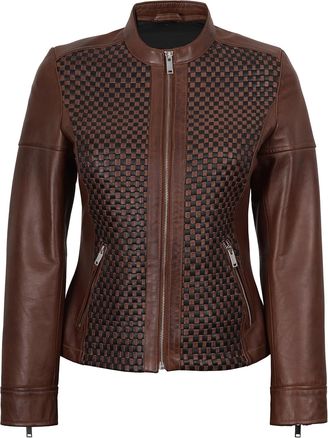 image:imageBlingsoul Womens Leather Jacket Real Lambskin Cafe Racer Biker Style Jacket for WomenCognac Wax