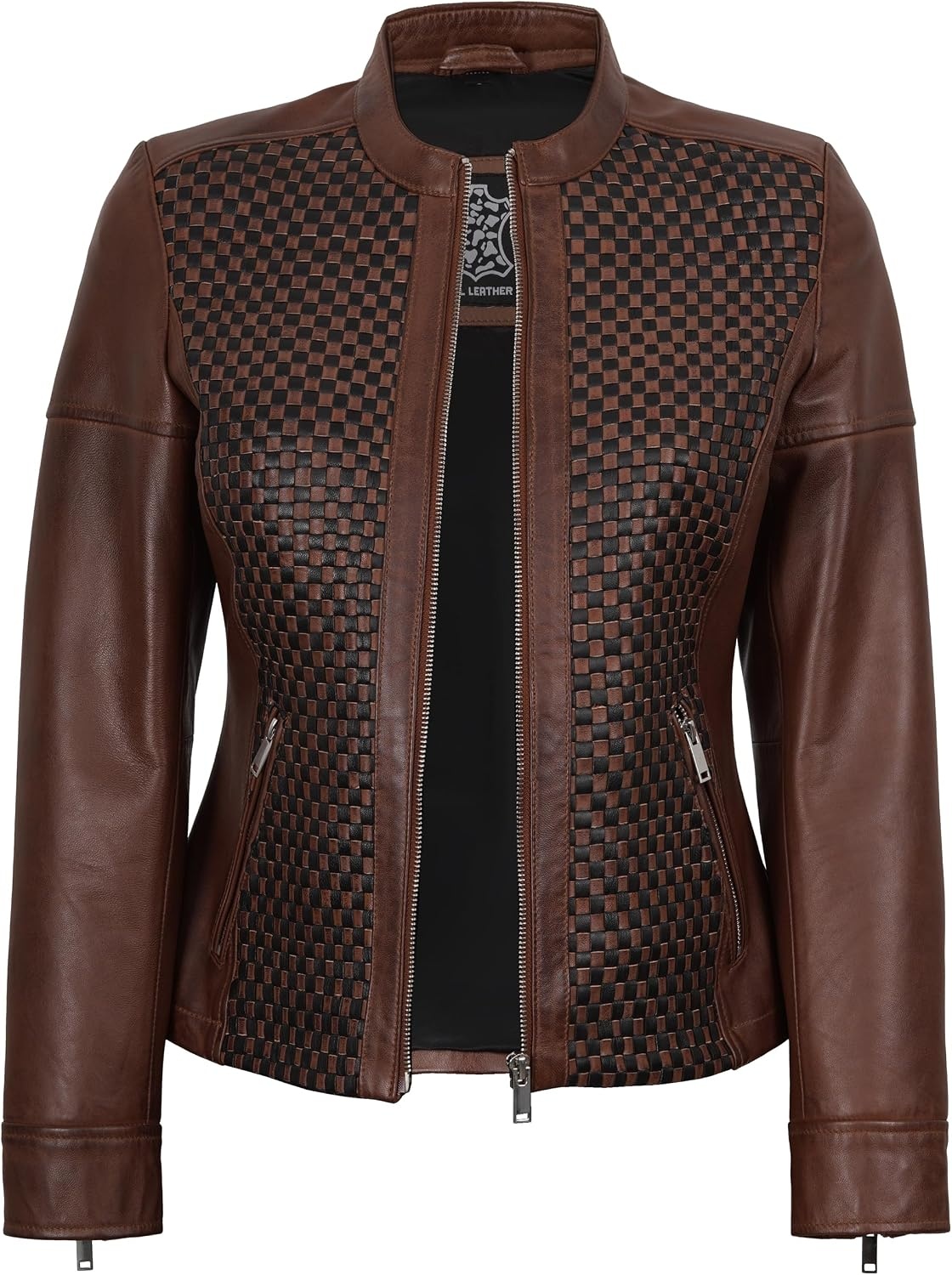 image:imageBlingsoul Womens Leather Jacket Real Lambskin Cafe Racer Biker Style Jacket for WomenCognac Wax