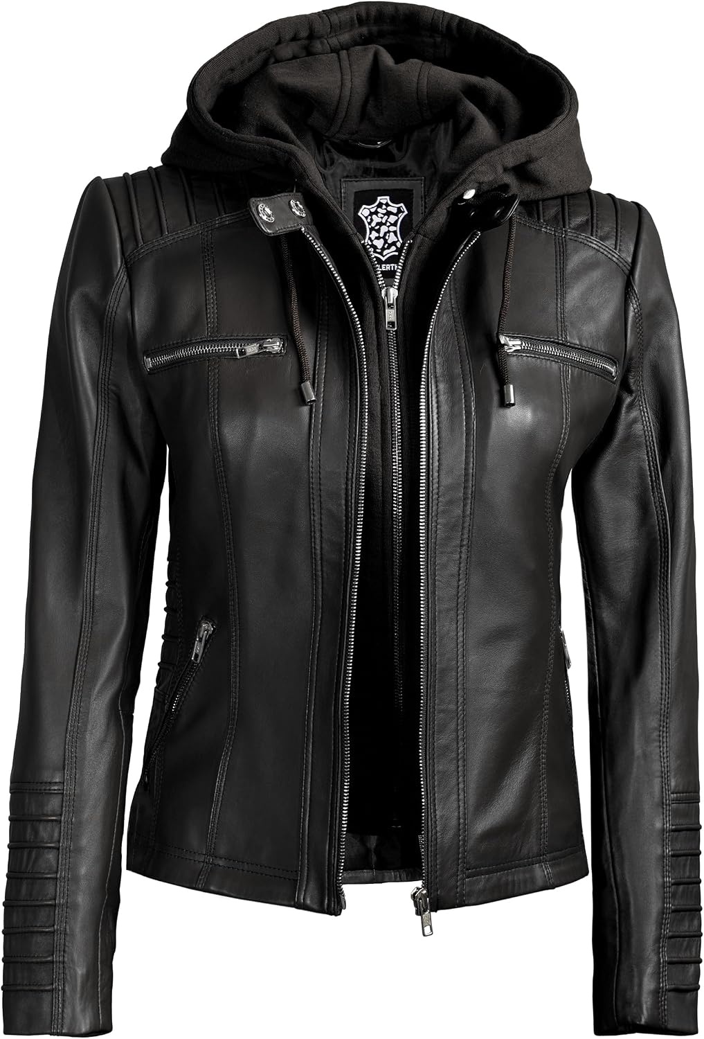 image:imageBlingsoul Womens Leather Jacket with Hood Real Lambskin Hooded Leather Jacket Women with Detachable HoodBlack