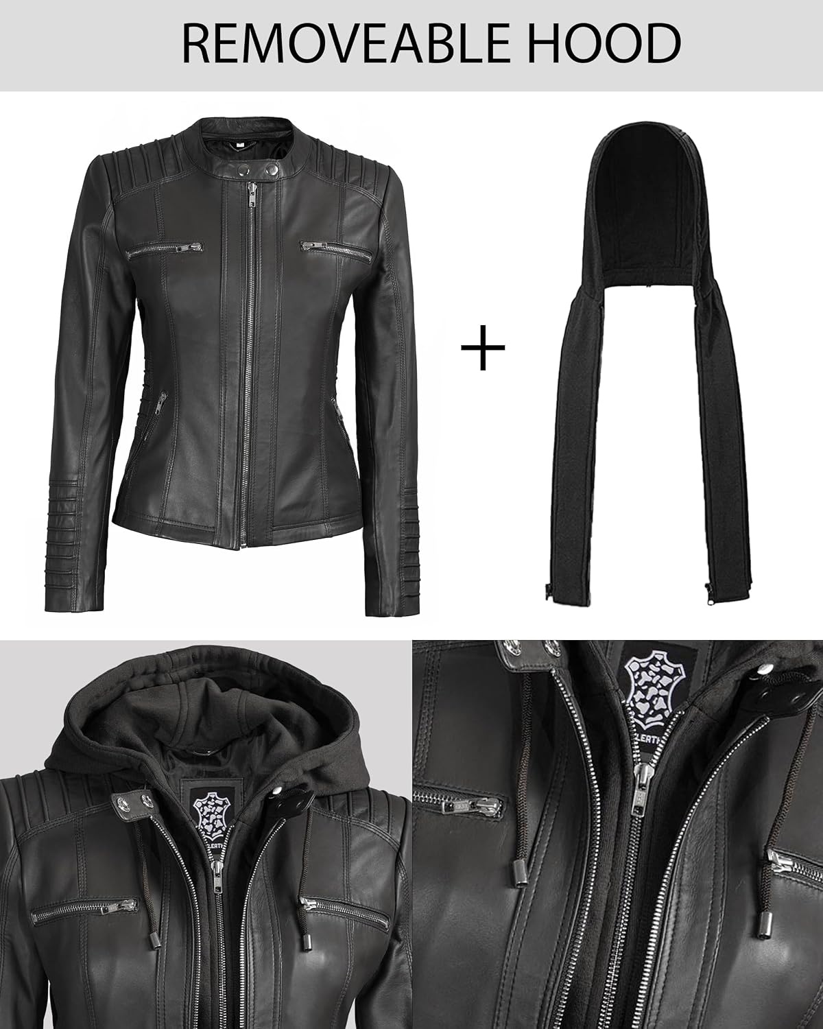 image:imageBlingsoul Womens Leather Jacket with Hood Real Lambskin Hooded Leather Jacket Women with Detachable HoodBlack