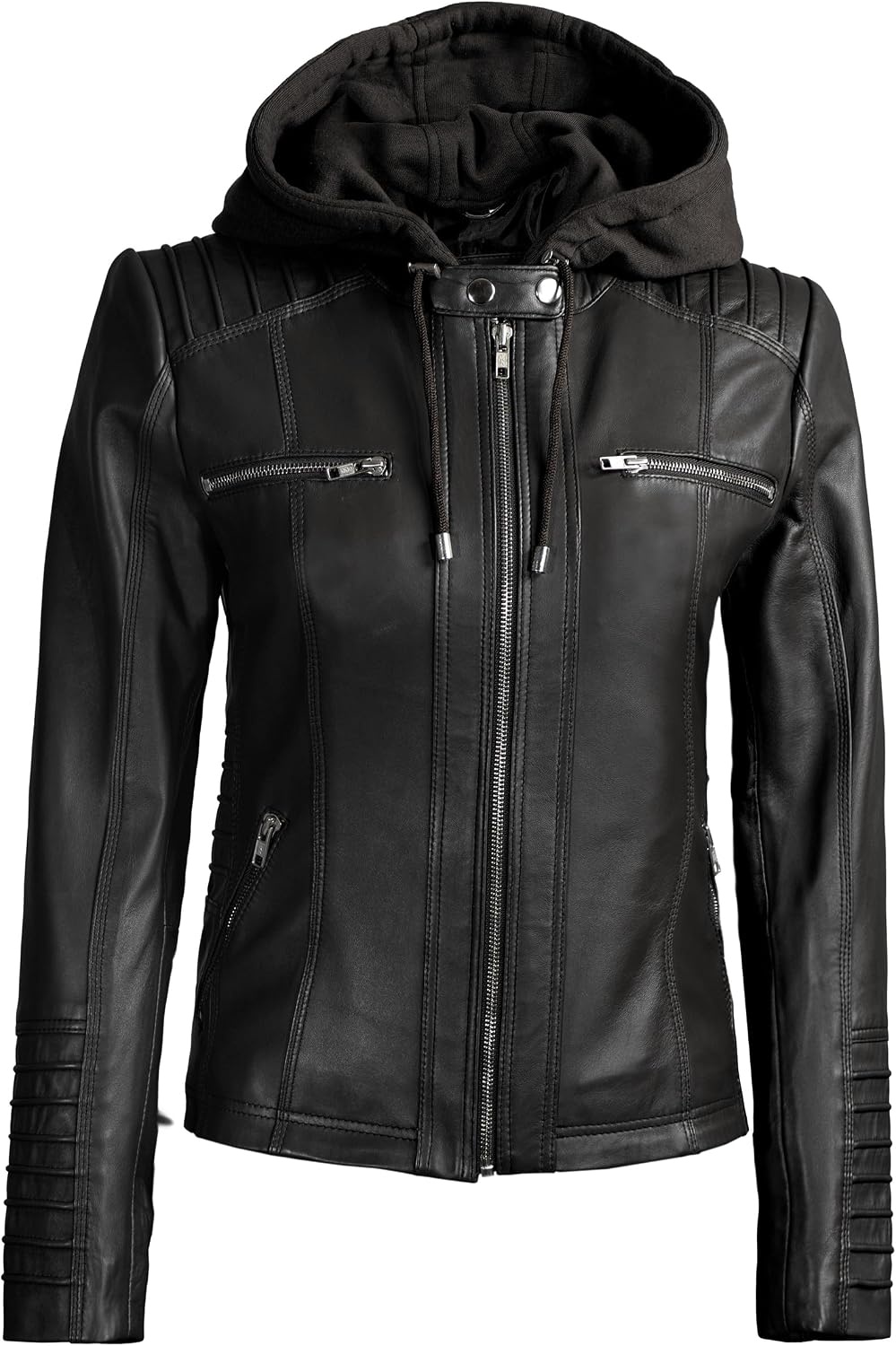 image:imageBlingsoul Womens Leather Jacket with Hood Real Lambskin Hooded Leather Jacket Women with Detachable HoodBlack