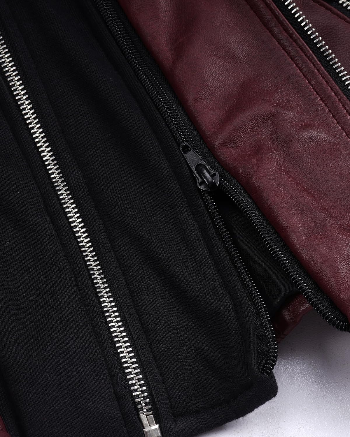 image:imageBlingsoul Womens Leather Jacket with Hood Real Lambskin Hooded Leather Jacket Women with Detachable HoodBurgundy Maroon Wax