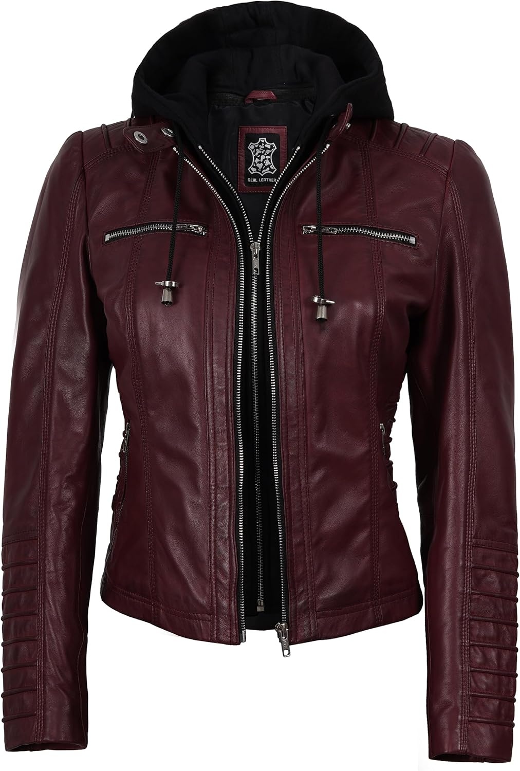 image:imageBlingsoul Womens Leather Jacket with Hood Real Lambskin Hooded Leather Jacket Women with Detachable HoodBurgundy Maroon Wax