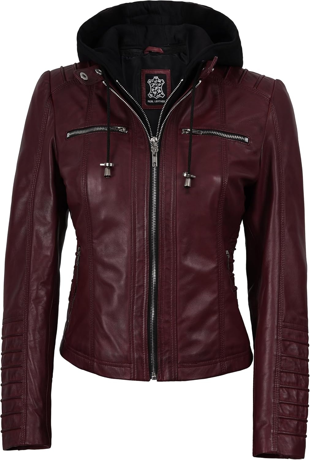 image:imageBlingsoul Womens Leather Jacket with Hood Real Lambskin Hooded Leather Jacket Women with Detachable HoodBurgundy Maroon Wax