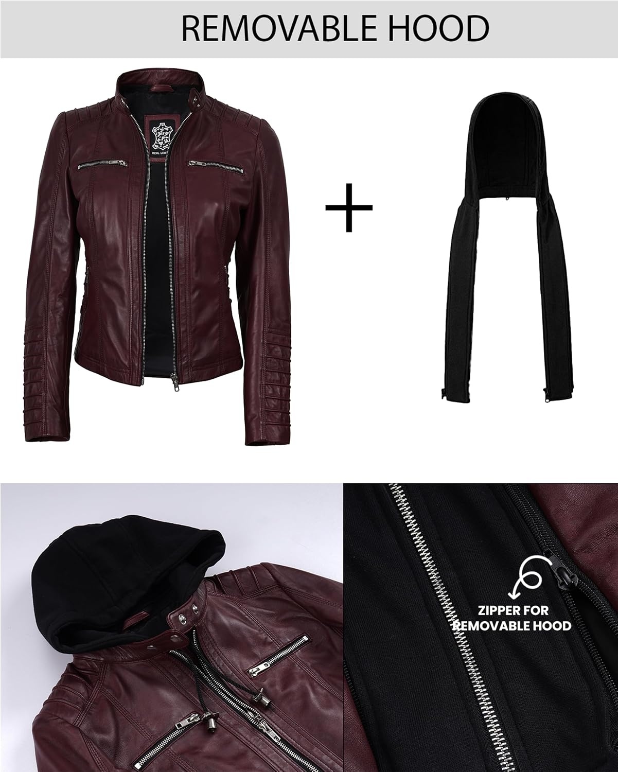 image:imageBlingsoul Womens Leather Jacket with Hood Real Lambskin Hooded Leather Jacket Women with Detachable HoodBurgundy Maroon Wax