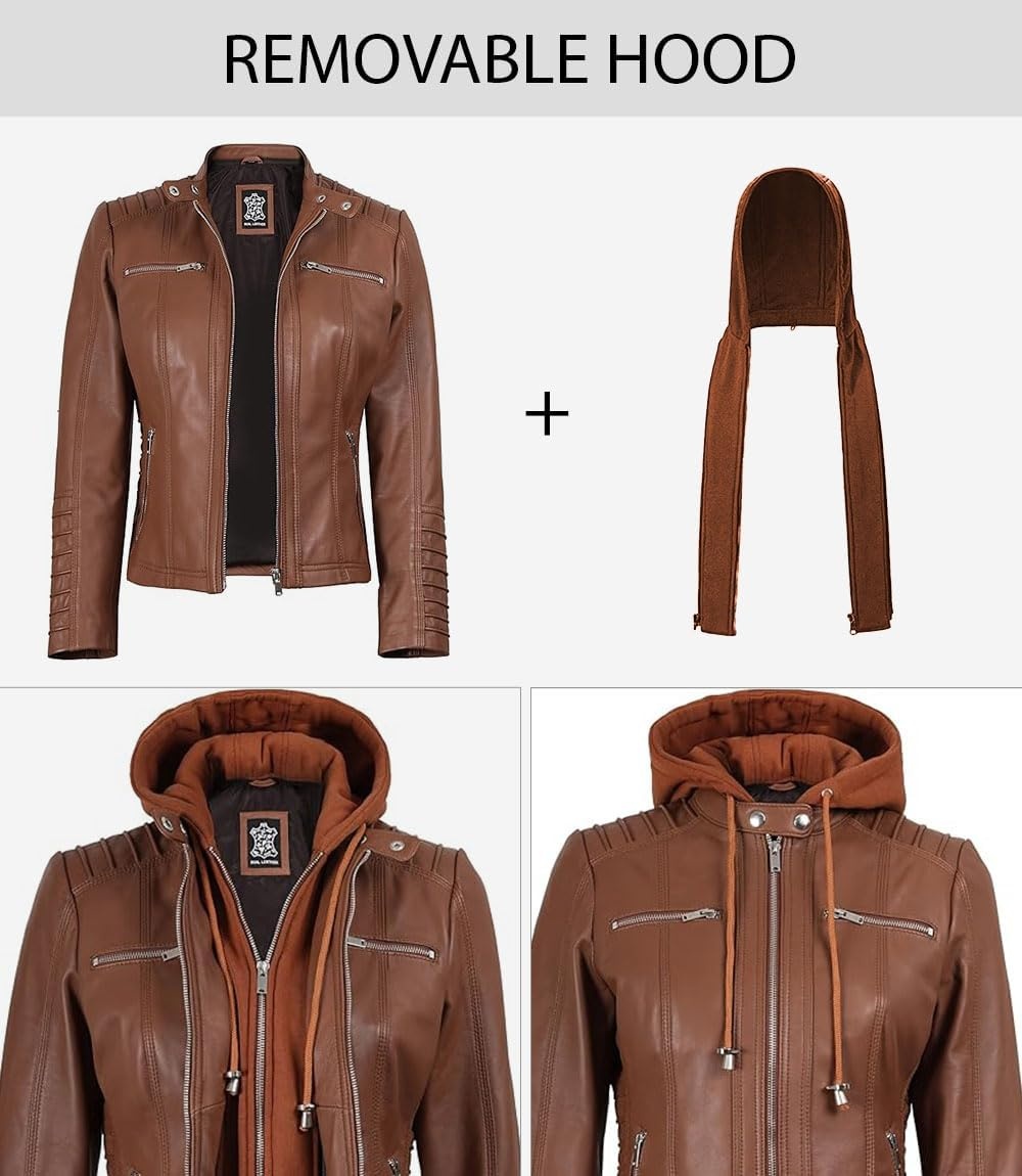 image:imageBlingsoul Womens Leather Jacket with Hood Real Lambskin Hooded Leather Jacket Women with Detachable HoodCognac Wax