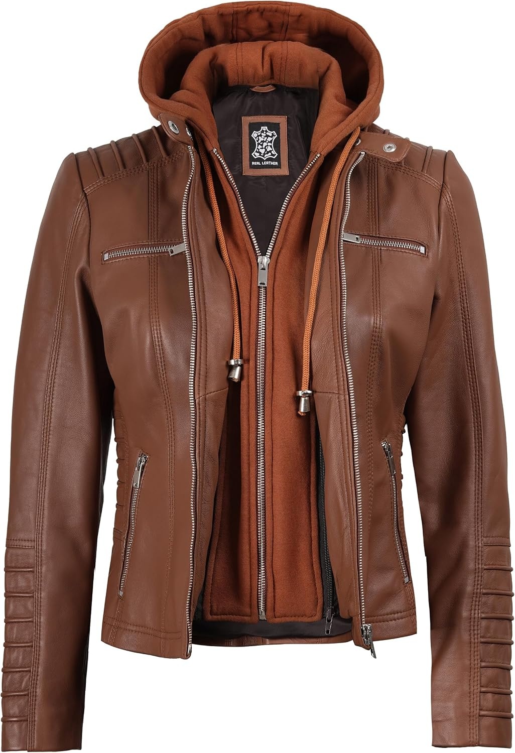 image:imageBlingsoul Womens Leather Jacket with Hood Real Lambskin Hooded Leather Jacket Women with Detachable HoodCognac Wax