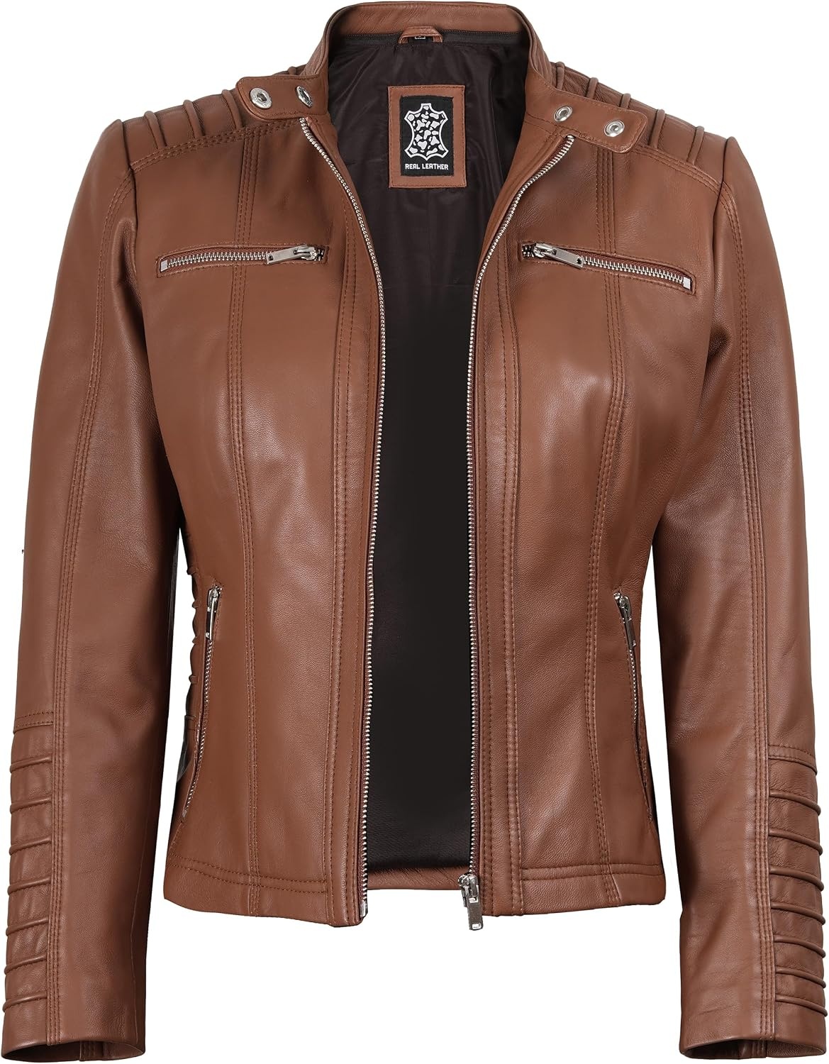image:imageBlingsoul Womens Leather Jacket with Hood Real Lambskin Hooded Leather Jacket Women with Detachable HoodCognac Wax