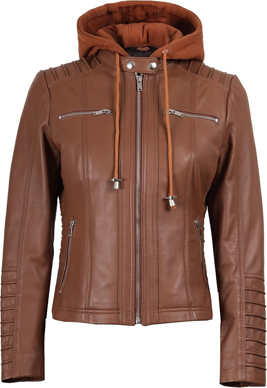 image:imageBlingsoul Womens Leather Jacket with Hood Real Lambskin Hooded Leather Jacket Women with Detachable HoodCognac Wax