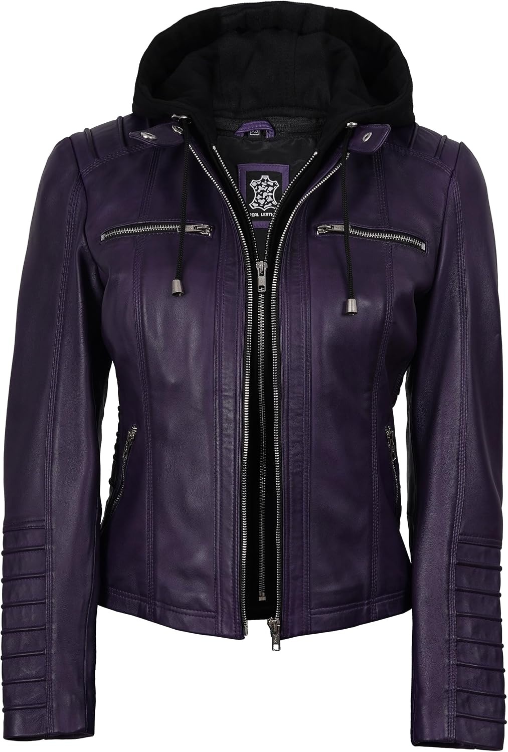 image:imageBlingsoul Womens Leather Jacket with Hood Real Lambskin Hooded Leather Jacket Women with Detachable HoodPurple Wax