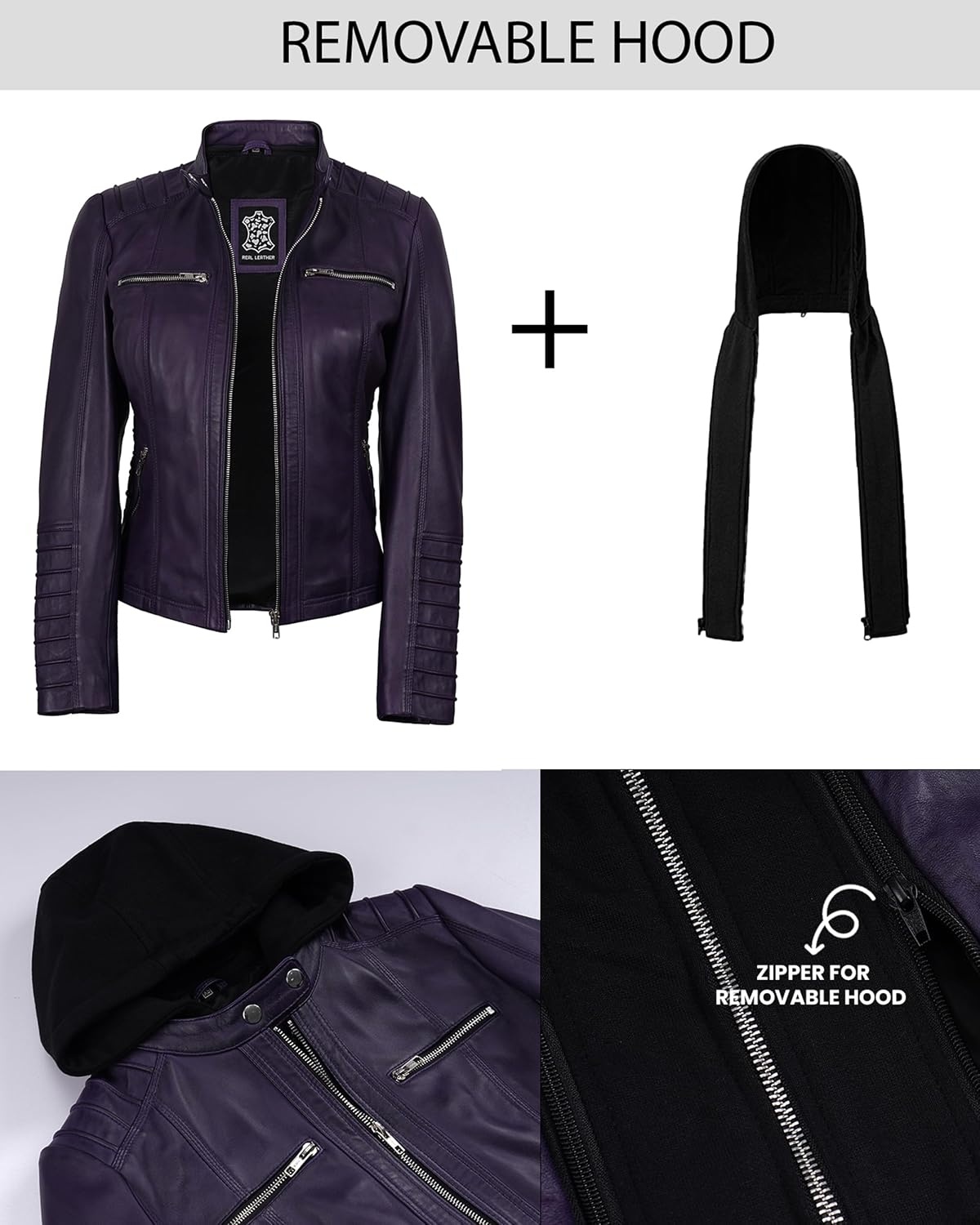 image:imageBlingsoul Womens Leather Jacket with Hood Real Lambskin Hooded Leather Jacket Women with Detachable HoodPurple Wax