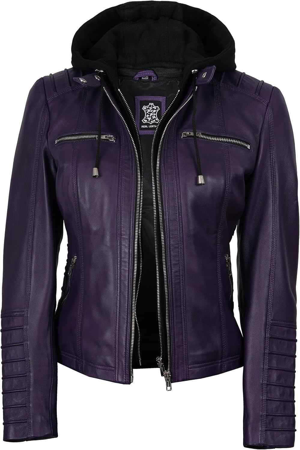 image:imageBlingsoul Womens Leather Jacket with Hood Real Lambskin Hooded Leather Jacket Women with Detachable HoodPurple Wax
