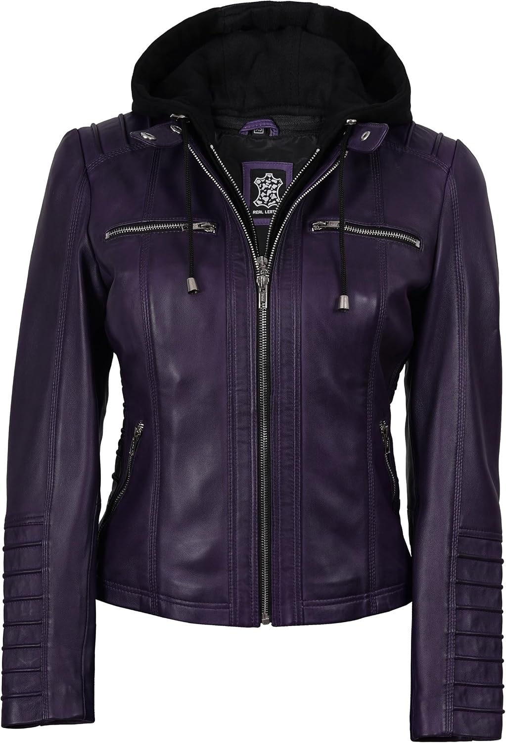 image:imageBlingsoul Womens Leather Jacket with Hood Real Lambskin Hooded Leather Jacket Women with Detachable HoodPurple Wax