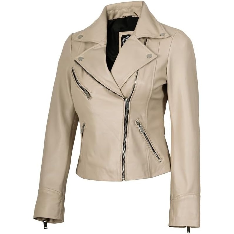 image:imageBlingsoul Asymmetrical Leather Jacket Women Real Lambskin Motorcycle Style Jacket for Women Genuine Womens Leather JacketBeige