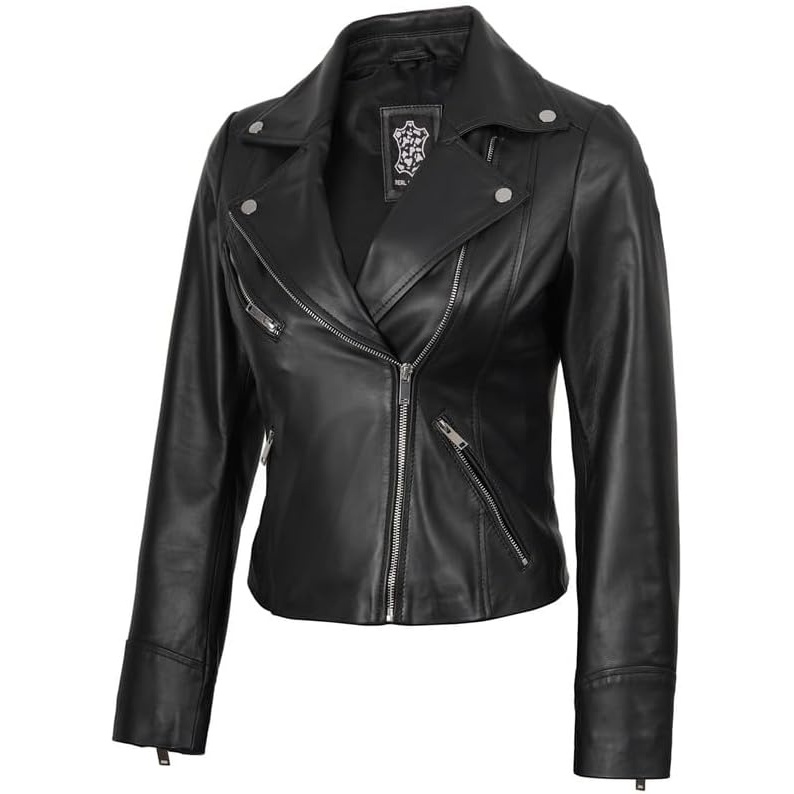 image:imageBlingsoul Asymmetrical Leather Jacket Women Real Lambskin Motorcycle Style Jacket for Women Genuine Womens Leather JacketBlack