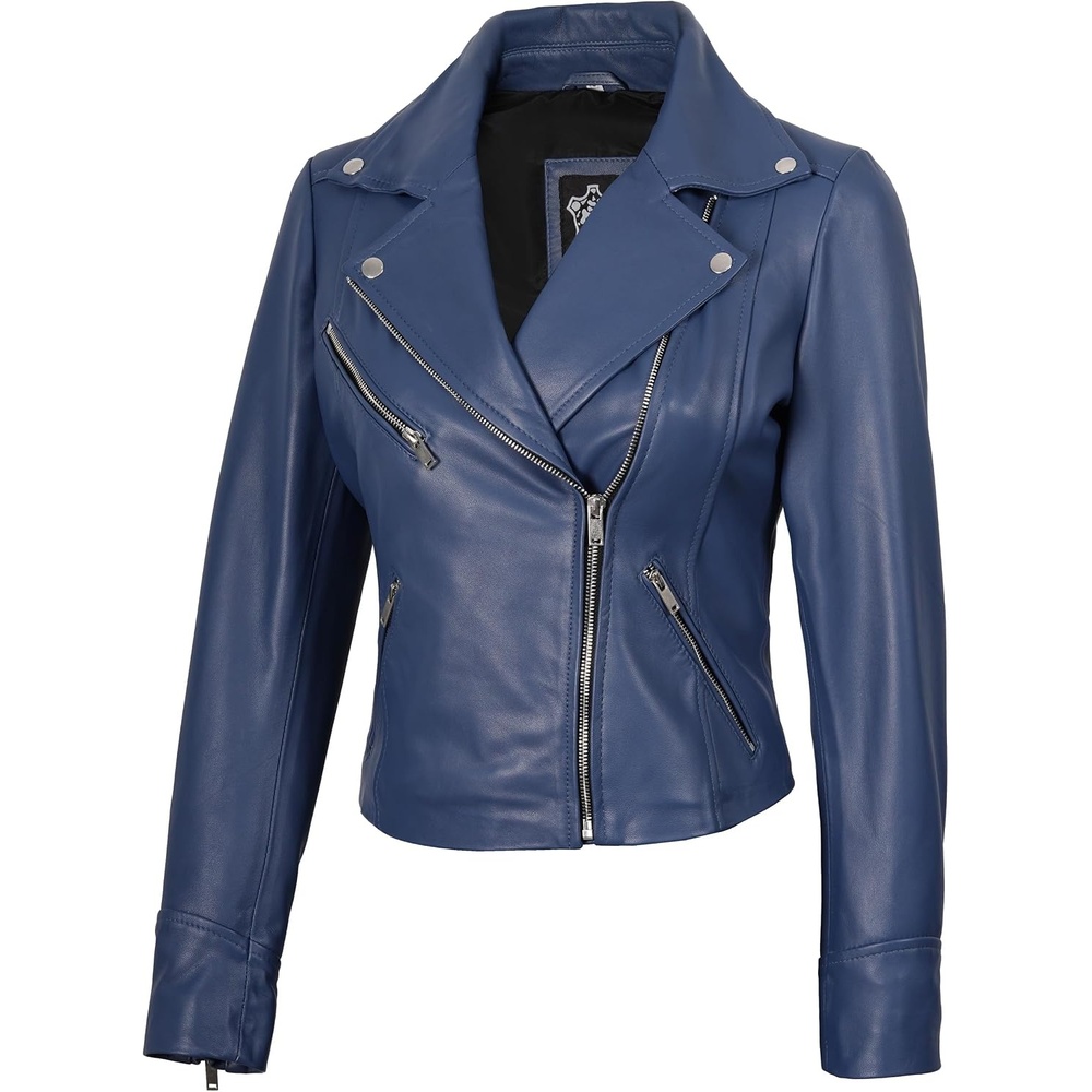 image:imageBlingsoul Asymmetrical Leather Jacket Women Real Lambskin Motorcycle Style Jacket for Women Genuine Womens Leather JacketBlue