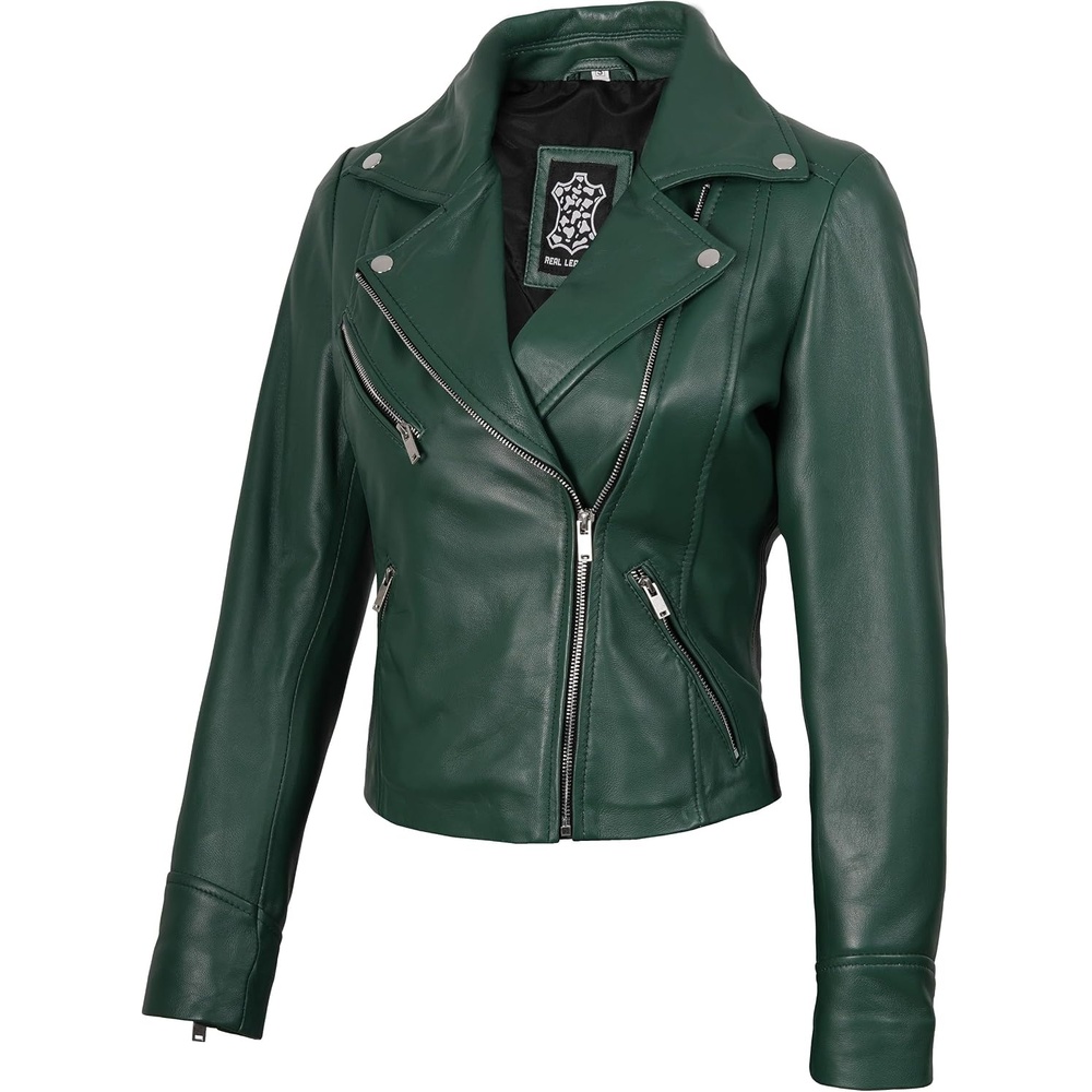 image:imageBlingsoul Asymmetrical Leather Jacket Women Real Lambskin Motorcycle Style Jacket for Women Genuine Womens Leather JacketGreen