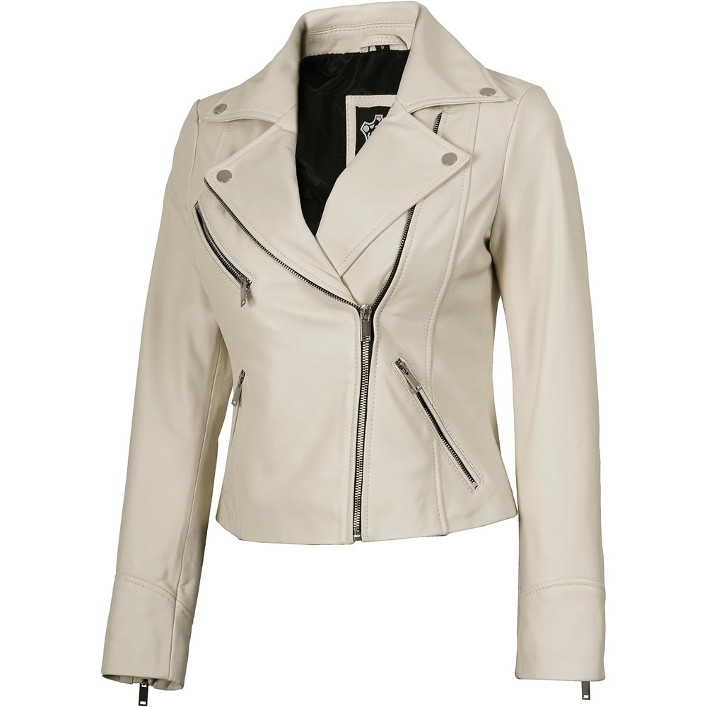 image:imageBlingsoul Asymmetrical Leather Jacket Women Real Lambskin Motorcycle Style Jacket for Women Genuine Womens Leather JacketOffwhite