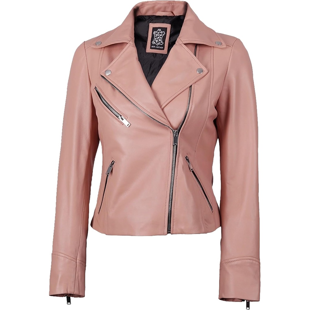 image:imageBlingsoul Asymmetrical Leather Jacket Women Real Lambskin Motorcycle Style Jacket for Women Genuine Womens Leather JacketPink