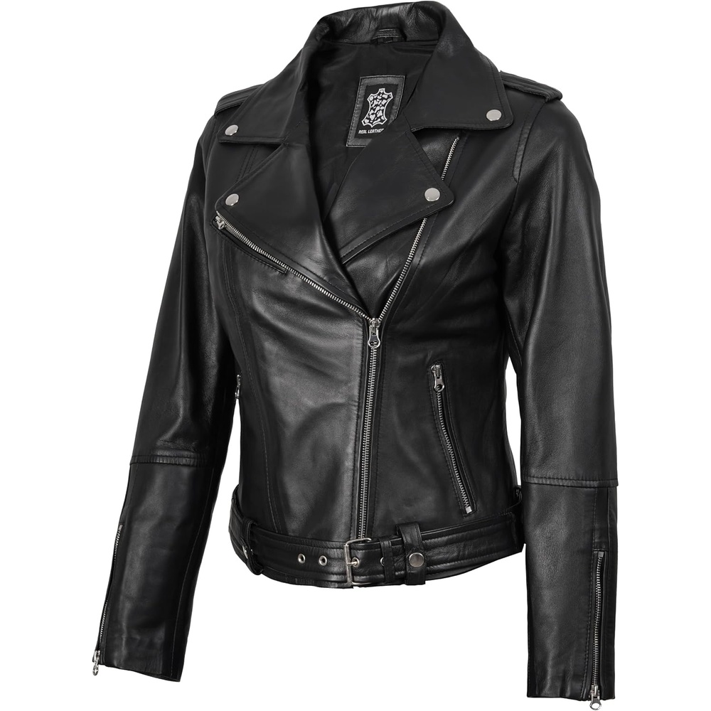 image:imageBlingsoul Asymmetrical Real Leather Jacket Women Belted Lambskin leather Jacket Womens Genuine Leather Moto Style JacketBlack