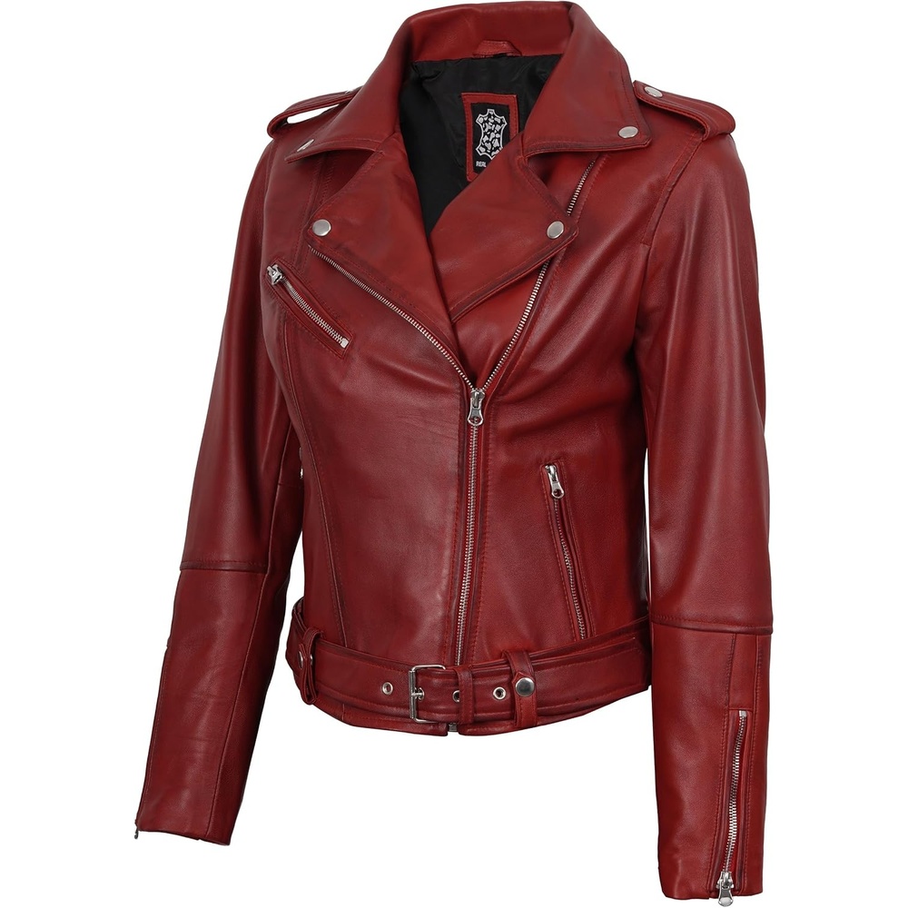 image:imageBlingsoul Asymmetrical Real Leather Jacket Women Belted Lambskin leather Jacket Womens Genuine Leather Moto Style JacketRed