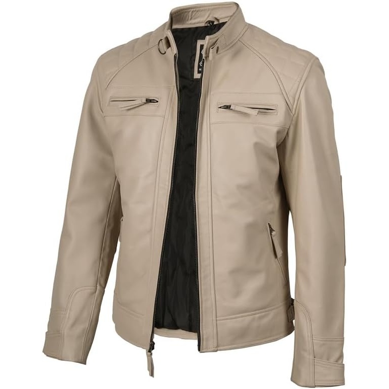 image:imageBlingsoul Cafe Racer Leather Jacket Men Quilted Real Lambskin Leather Jacket for Men with Snap Tab CollarBeige