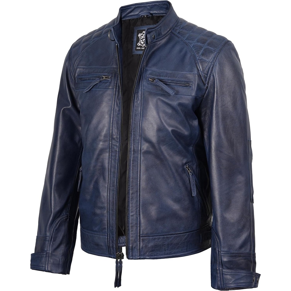 image:imageBlingsoul Cafe Racer Leather Jacket Men Quilted Real Lambskin Leather Jacket for Men with Snap Tab CollarBlue Wax
