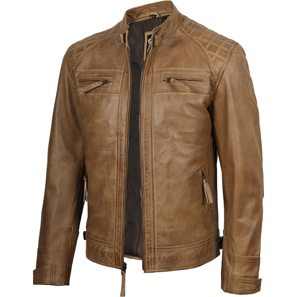 image:imageBlingsoul Cafe Racer Leather Jacket Men Quilted Real Lambskin Leather Jacket for Men with Snap Tab CollarCamel Wax