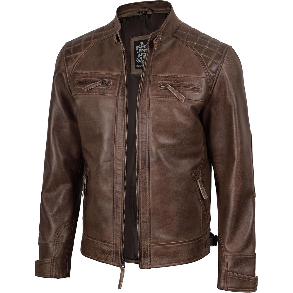 image:imageBlingsoul Cafe Racer Leather Jacket Men Quilted Real Lambskin Leather Jacket for Men with Snap Tab CollarCoffee Brown Wax