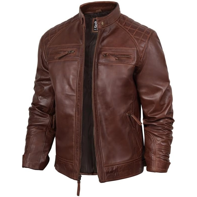 image:imageBlingsoul Cafe Racer Leather Jacket Men Quilted Real Lambskin Leather Jacket for Men with Snap Tab CollarCognac Wax