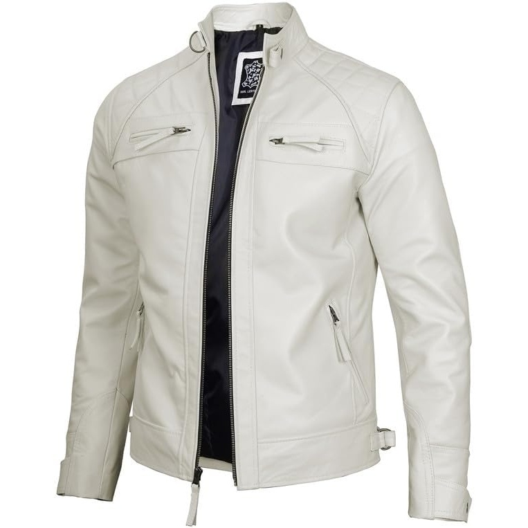 image:imageBlingsoul Cafe Racer Leather Jacket Men Quilted Real Lambskin Leather Jacket for Men with Snap Tab CollarOffwhite