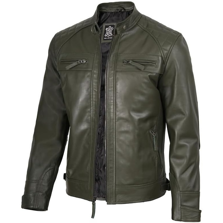image:imageBlingsoul Cafe Racer Leather Jacket Men Quilted Real Lambskin Leather Jacket for Men with Snap Tab CollarOlive Green