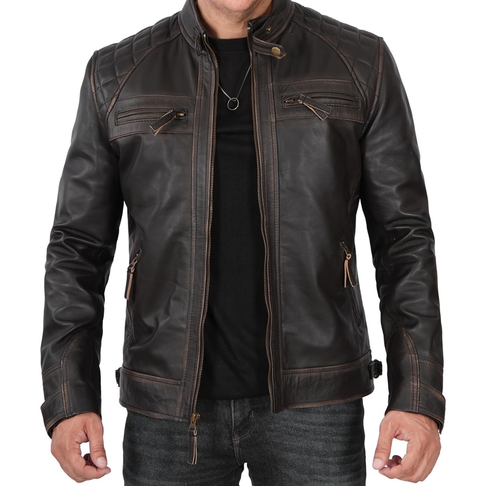 image:imageBlingsoul Cafe Racer Leather Jacket Men Quilted Real Lambskin Leather Jacket for Men with Snap Tab CollarRuboff Dark Brown