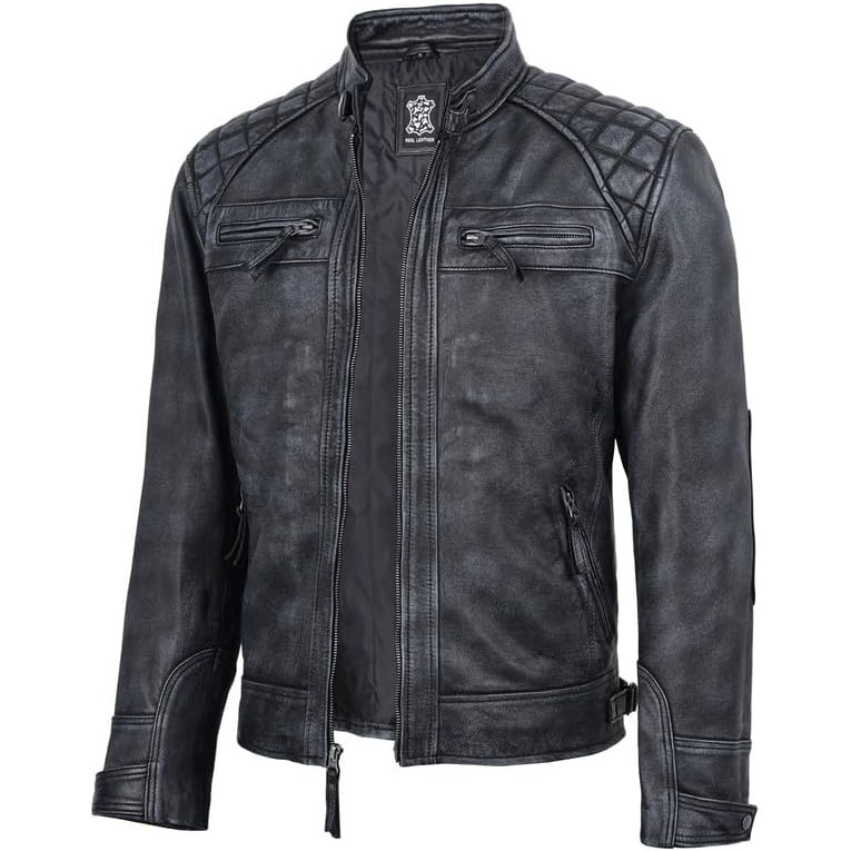 image:imageBlingsoul Cafe Racer Leather Jacket Men Quilted Real Lambskin Leather Jacket for Men with Snap Tab CollarWashed Distressed Black