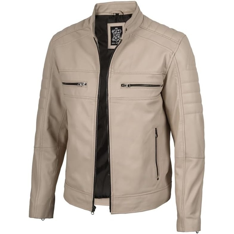 image:imageBlingsoul Cafe Racer Leather Jacket Men Real Lambskin Leather Jacket For Men Genuine Leather Motorcycle Style JacketsBeige
