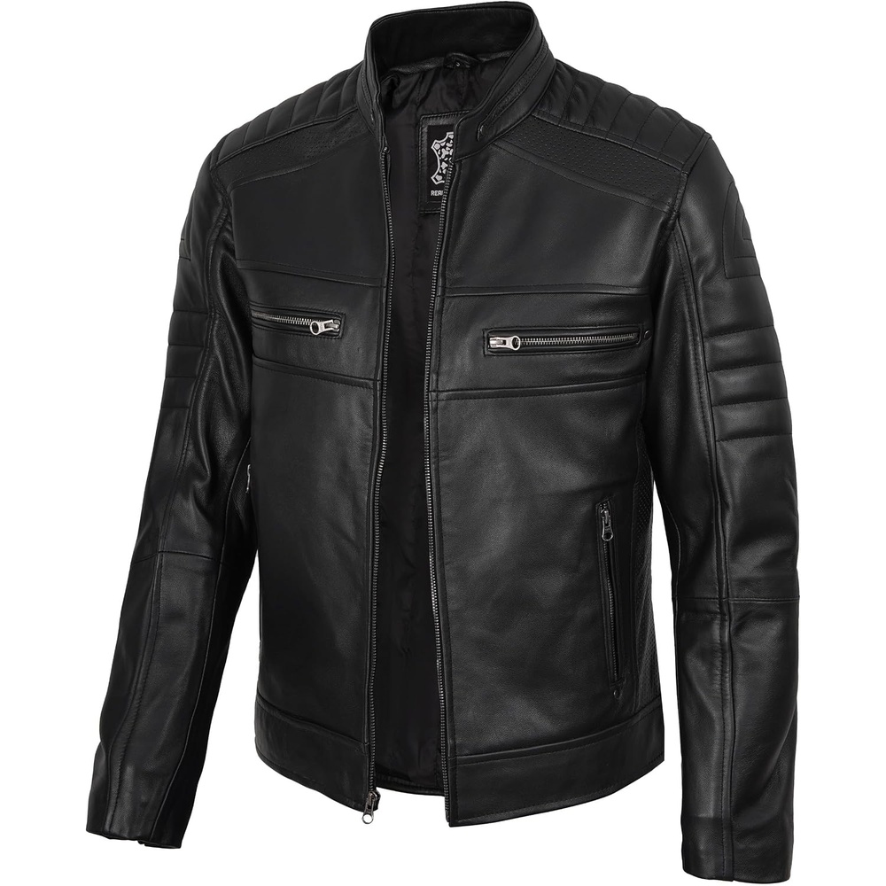 image:imageBlingsoul Cafe Racer Leather Jacket Men Real Lambskin Leather Jacket For Men Genuine Leather Motorcycle Style JacketsBlack