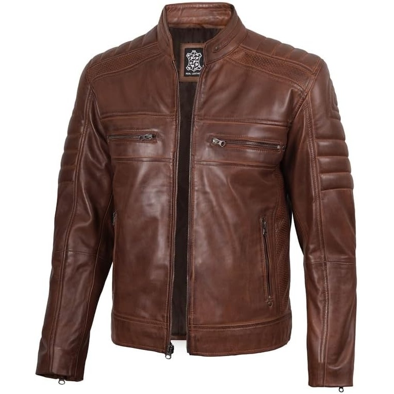 image:imageBlingsoul Cafe Racer Leather Jacket Men Real Lambskin Leather Jacket For Men Genuine Leather Motorcycle Style JacketsBrown Cognac Wax