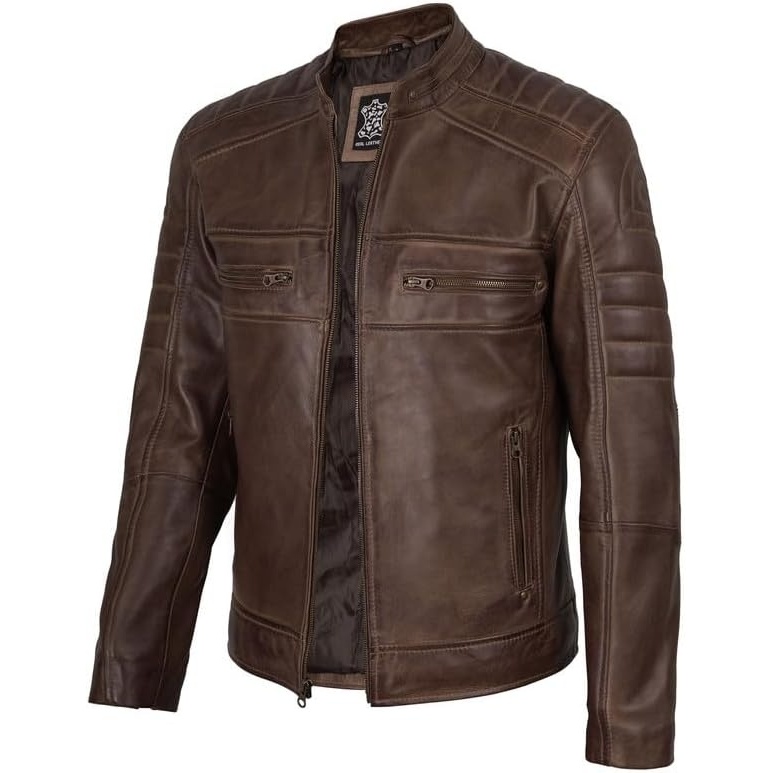 image:imageBlingsoul Cafe Racer Leather Jacket Men Real Lambskin Leather Jacket For Men Genuine Leather Motorcycle Style JacketsCoffee Brown