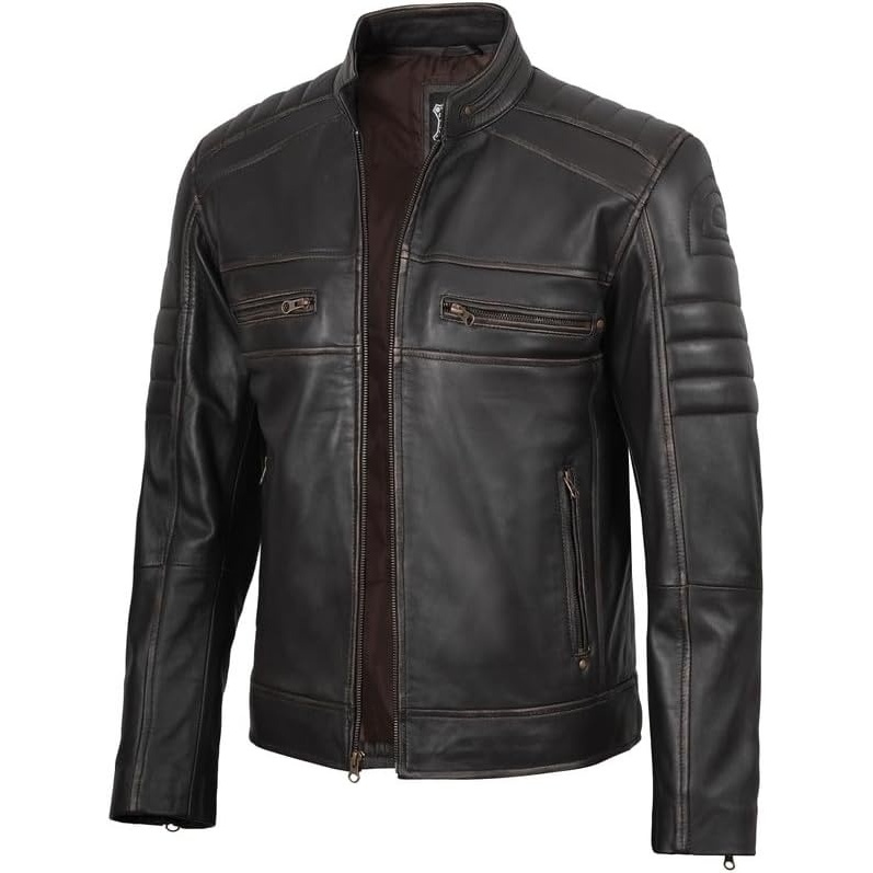 image:imageBlingsoul Cafe Racer Leather Jacket Men Real Lambskin Leather Jacket For Men Genuine Leather Motorcycle Style JacketsDark Brown Ruboff