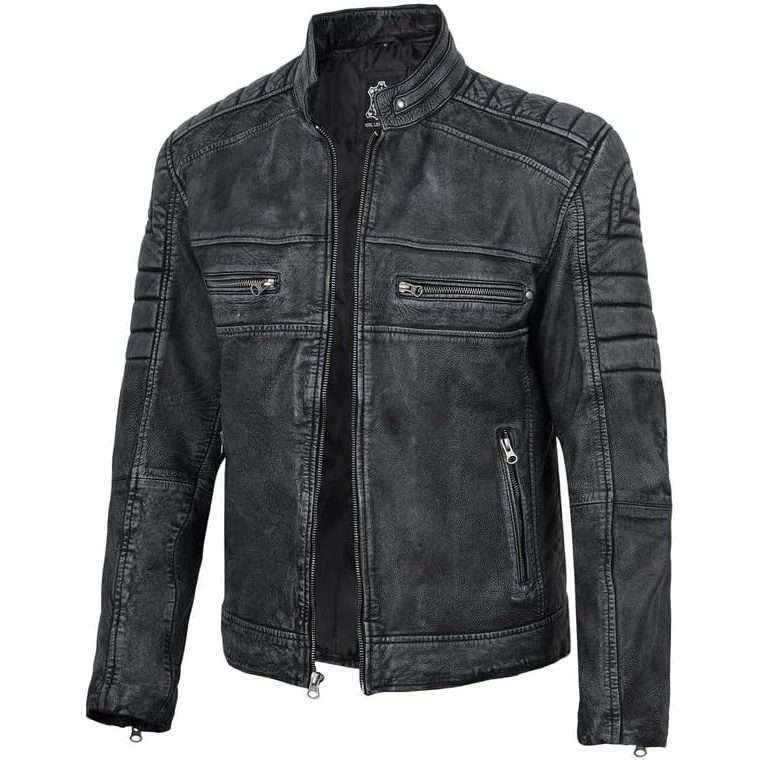 image:imageBlingsoul Cafe Racer Leather Jacket Men Real Lambskin Leather Jacket For Men Genuine Leather Motorcycle Style JacketsWashed Distress Black