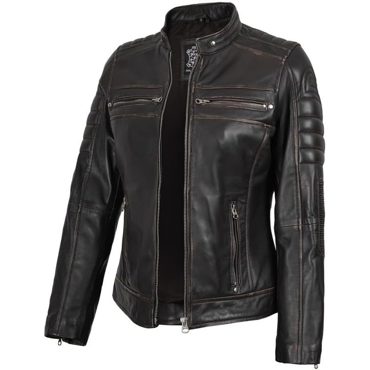 image:imageBlingsoul Cafe Racer Leather Jacket Womens 100 Real Lambskin Motorcycle Style Leather Jacket for Women with Band CollarDark Brown Rub Off