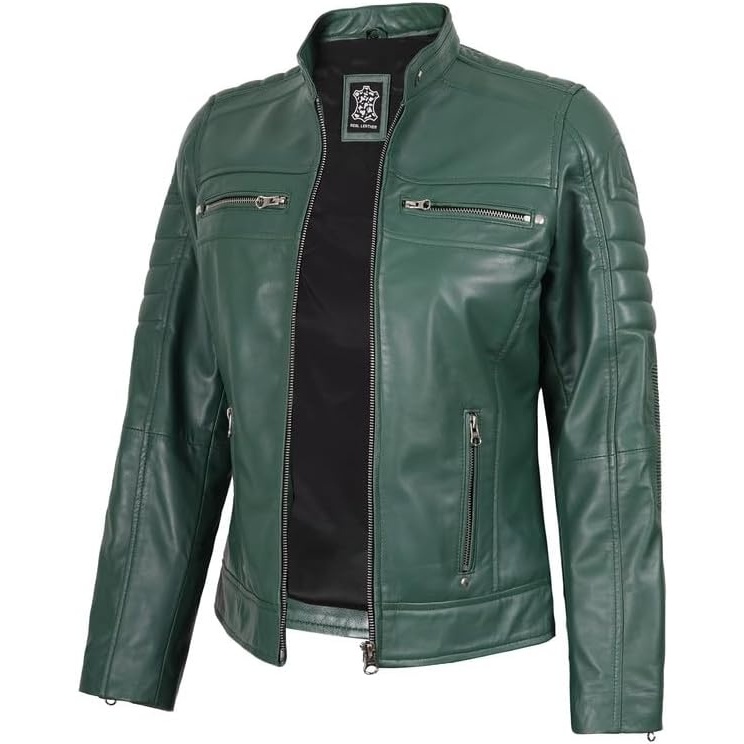 image:imageBlingsoul Cafe Racer Leather Jacket Womens 100 Real Lambskin Motorcycle Style Leather Jacket for Women with Band CollarGreen