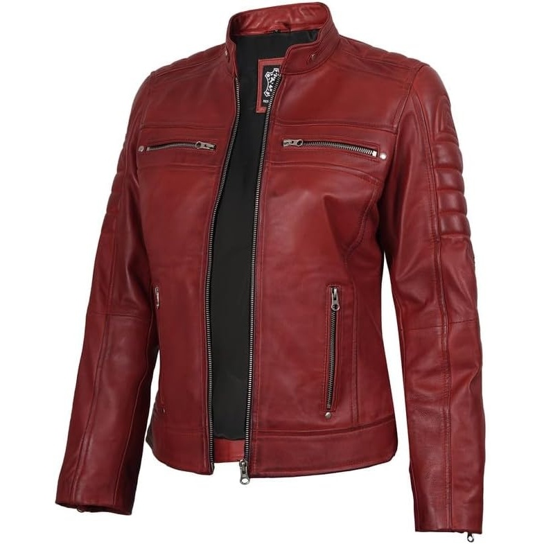 image:imageBlingsoul Cafe Racer Leather Jacket Womens 100 Real Lambskin Motorcycle Style Leather Jacket for Women with Band CollarRed Wax
