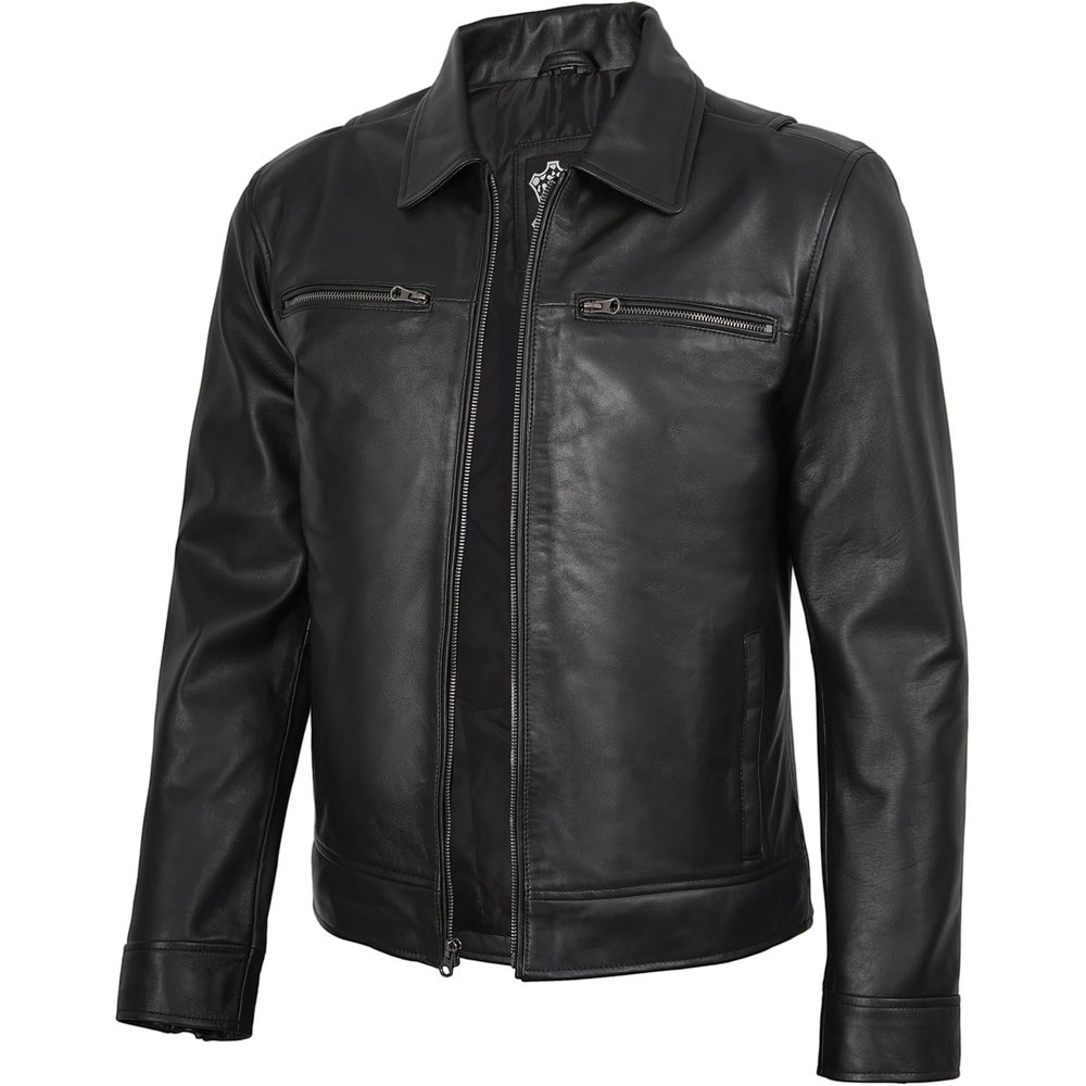 image:imageBlingsoul Classic Leather Jacket Men Real Lambskin Leather Jacket for Men with Shirt Collar Vintage Mens Leather JacketsBlack