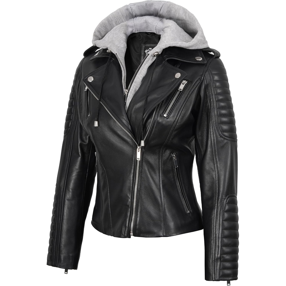 image:imageBlingsoul Hooded Leather Jacket Women Real Lambskin Asymmetrical Leather Jacket For Womens With Detachable HoodBlack