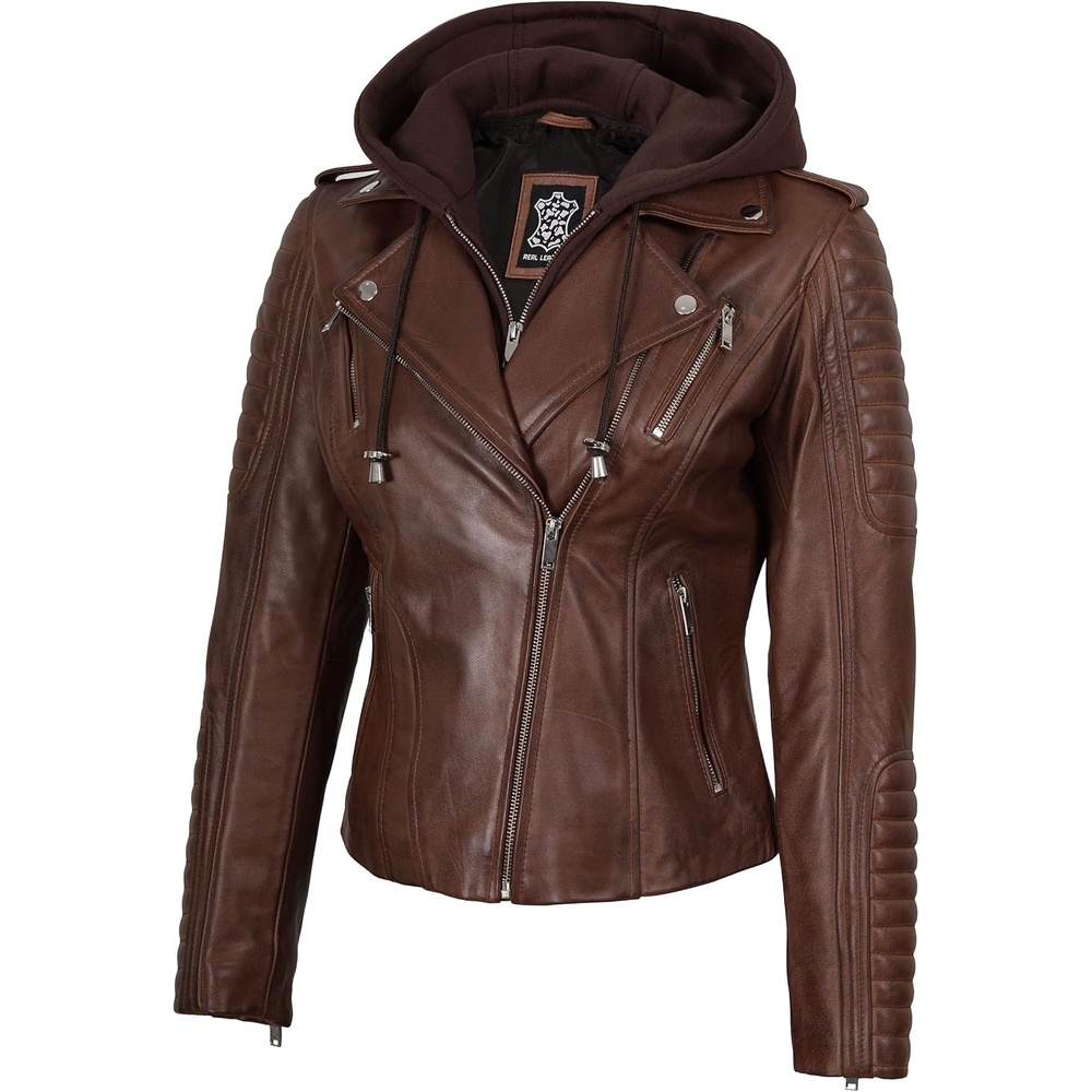 image:imageBlingsoul Hooded Leather Jacket Women Real Lambskin Asymmetrical Leather Jacket For Womens With Detachable HoodCognac Wax